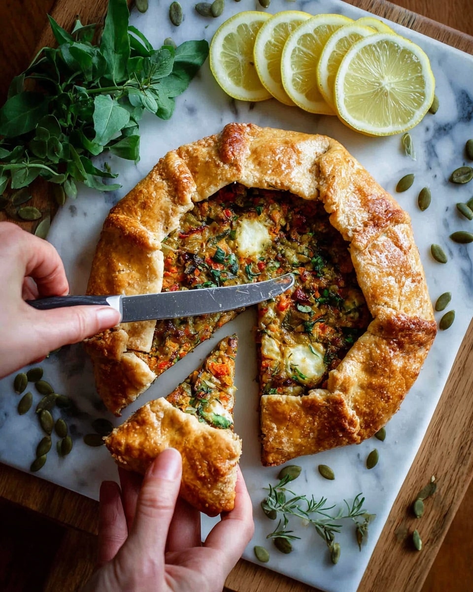 A round galette with golden, crispy folded edges holds a filling of mixed vegetables and seeds in the center. The filling layer shows a mix of orange, green, and red colors with visible seeds and small chunks, topped unevenly with melted cheese spots. A woman's hand is holding the galette on the left while a serrated knife is placed under a slice that is being separated on the right. Above the galette, there are fresh green leaves with four thin lemon slices stacked on top. The dish is placed on a white marbled texture wooden board with scattered green pumpkin seeds around it. photo taken with an iphone --ar 4:5 --v 7
