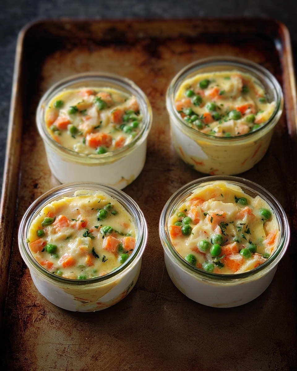 The image shows four small white jars filled with a creamy mixture that has visible chunks of orange carrots, green peas, and white pieces of vegetables or protein. Each jar is filled to the top with the creamy, light yellow sauce holding the colorful vegetable pieces evenly dispersed inside. The jars are placed on a dark, worn metal baking tray, creating a rustic contrast to the smooth and colorful contents of the jars. The photo is taken from above, showing the round tops and layers of the mixture inside, with natural light highlighting the glossy texture of the sauce and fresh colors of the vegetables. Photo taken with an iphone --ar 4:5 --v 7