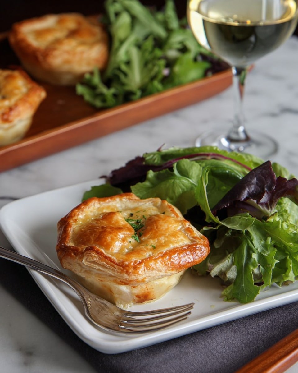 A square white plate holds a small pot pie topped with a golden brown, flaky puff pastry crust that is slightly puffed and cracked in the center, showing a hint of the filling beneath. The pot pie sits on the left side of the plate, while fresh mixed green salad leaves with different shades of green and purple fill the right side, adding color contrast. In front of the salad, there is a silver fork placed diagonally on the plate. In the background, there is a clear glass filled with white wine and a tray with more pot pies on a wooden table. The whole scene is set on a white marbled surface. Photo taken with an iphone --ar 4:5 --v 7
