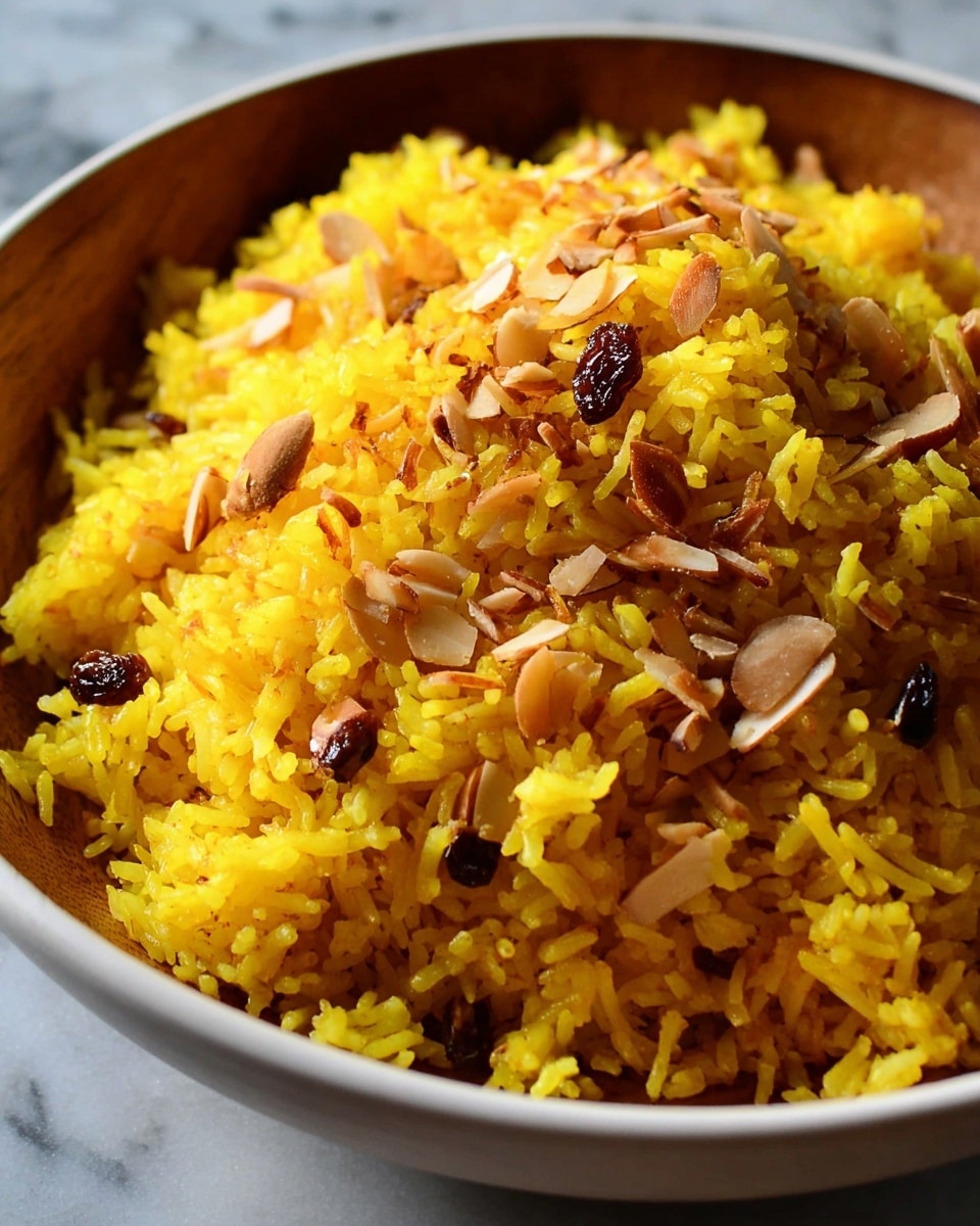 A blue bowl holds two main layers of food placed side by side; on the left, a rich brown stew with chunks of meat, small red pieces, and chopped green herbs sprinkled on top, along with slivered nuts scattered over; on the right, a bright yellow rice layer mixed with raisins and chopped green herbs, creating a colorful contrast. A silver spoon is partially inside the bowl, resting over the stew. The background has a white marbled surface with a small clear container of nuts and some garlic cloves on a cloth nearby. Photo taken with an iphone --ar 4:5 --v 7