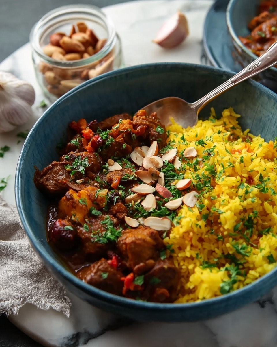 A white bowl with two main layers: on the left side, bright yellow rice with small brown nuts and herbs scattered on top, showing a soft texture; on the right side, reddish-orange thick stew with chunks of meat and sliced carrots, garnished with green chopped herbs and slivered nuts. A silver spoon rests inside the bowl on the right side. The bowl sits on a white marbled surface with a beige cloth that has dark designs in the top left corner. photo taken with an iphone --ar 4:5 --v 7
