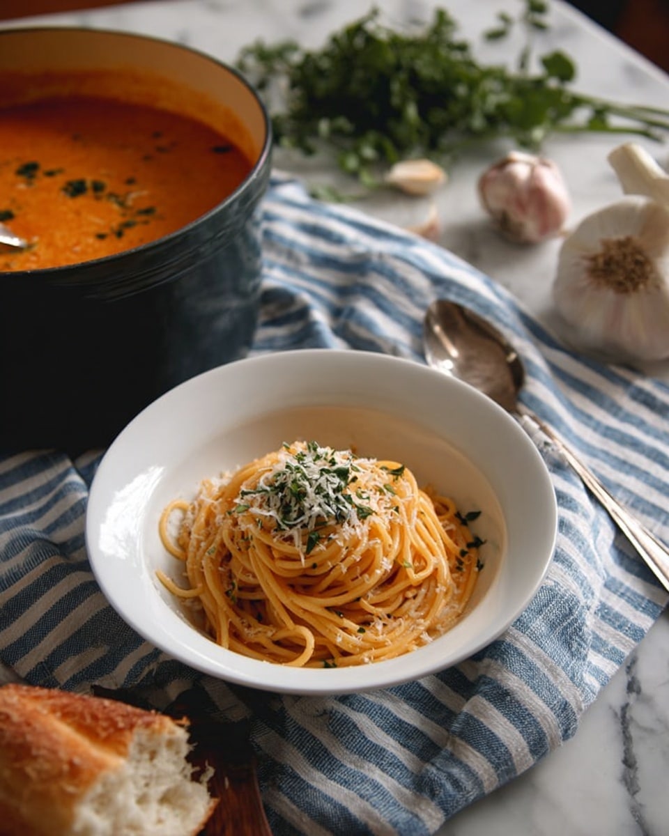 A white plate with a swirl pattern holds a small round heap of orange creamy spaghetti in the center. The pasta is topped with thin, dark green fresh basil strips and some grated white cheese, scattered lightly over the top. The plate sits on a blue and white striped cloth. Near the plate, on the cloth, is a silver fork and a beige block of cheese. Behind the plate, there is a green pot filled with orange sauce and a wooden spoon in it. Some peeled garlic cloves, a pale onion, and a white jar with green herbs are also placed on the cloth. The whole setting is on a white marbled surface. photo taken with an iphone --ar 4:5 --v 7