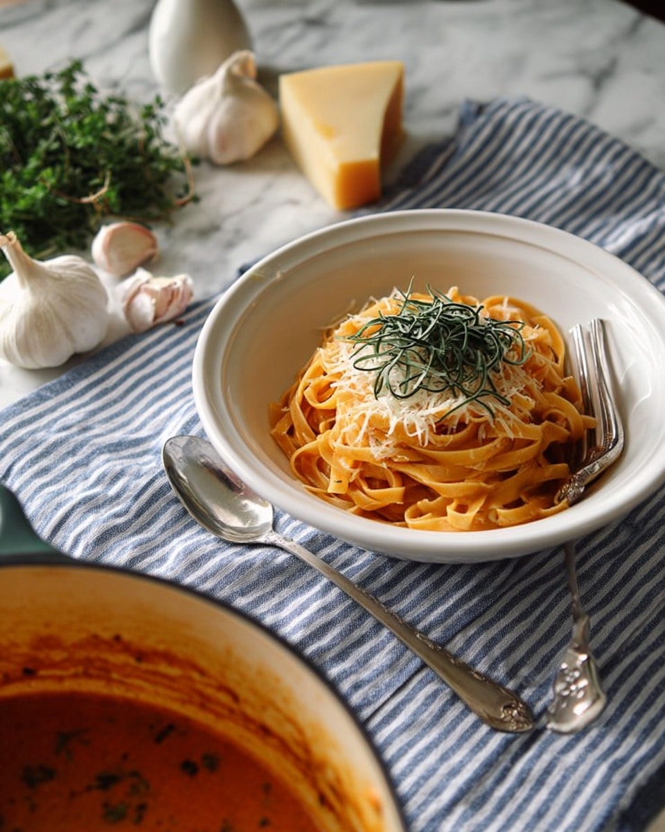 A white bowl filled with three layers of light orange pasta noodles in a smooth sauce, topped with finely grated cheese and a small pile of thin green herb strips in the center. The bowl sits on a striped blue and white cloth on a white marbled surface. Nearby, a silver fork rests on the cloth to the right of the bowl, and a small wedge of pale cheese sits at the bottom right corner. To the left, there is a large pot with some remnants of the orange sauce inside. In the upper left corner, some garlic cloves, a small onion, and green herbs are scattered. Photo taken with an iphone --ar 4:5 --v 7