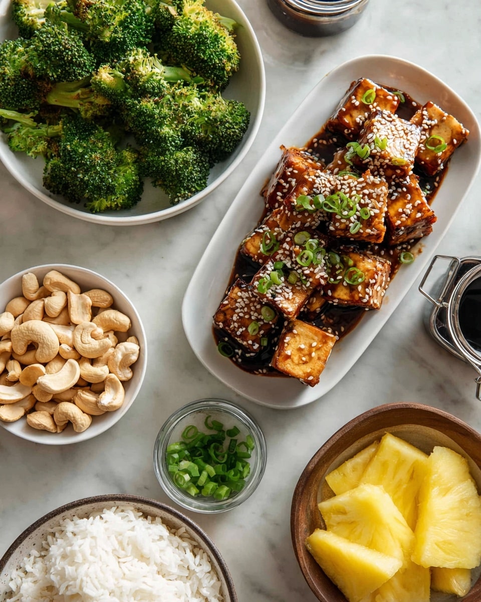 A white oval plate holds a stack of golden-brown tofu cubes, each coated in a sticky sauce and sprinkled with white and black sesame seeds, along with thin slices of green chili. To the left, a white bowl is filled with bright green broccoli florets. Below this, a small white bowl contains a pile of light tan roasted cashews. Near the bottom, a bowl with a dark rim is filled with fluffy white rice, and next to it is another bowl with a dark rim holding fresh, bright yellow pineapple wedges. A small jar with dark sauce and a small jar with chopped green onions are placed on the white marbled surface around the food. Photo taken with an iphone --ar 4:5 --v 7