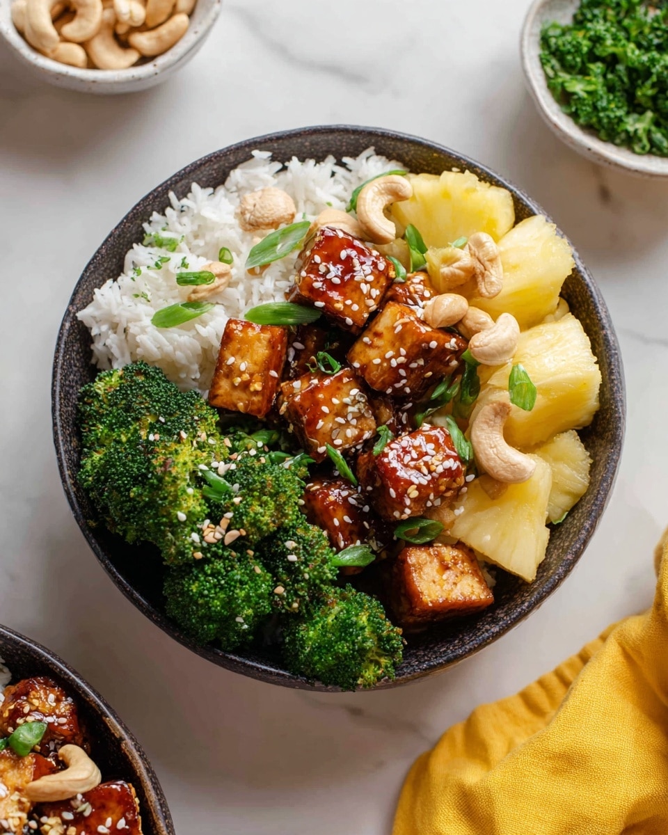 A bowl filled with several layers, starting with bright green steamed broccoli and white steamed rice on one side. On top, there are many golden-brown grilled tofu cubes with a slightly crispy texture, garnished with thinly sliced green onions and white sesame seeds. A few pale beige cashew nuts and light yellow pineapple chunks sit behind the tofu, adding contrast. The bowl is white, placed on a white marbled surface, with a soft background showing blurred kitchen items. Photo taken with an iphone --ar 4:5 --v 7