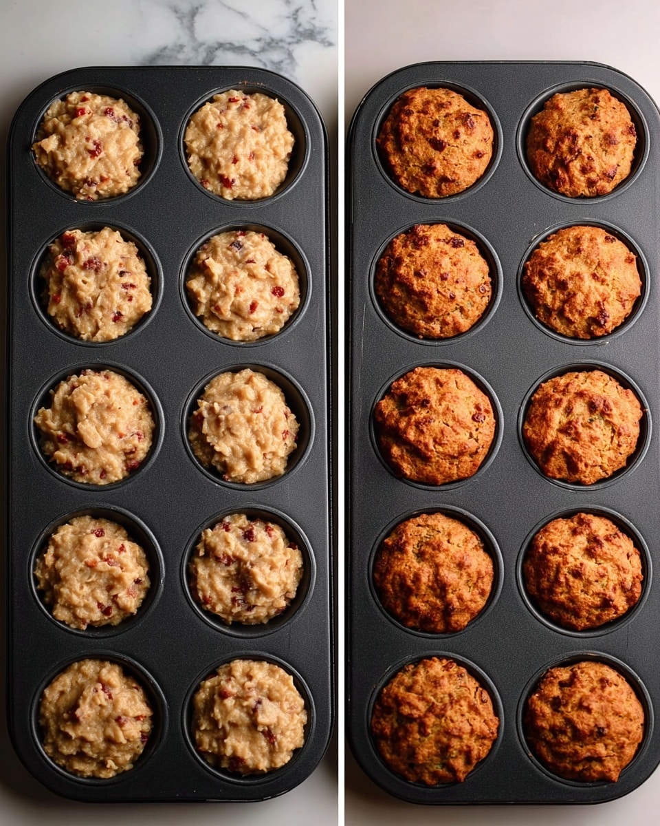 The image shows two black muffin trays side by side on a white marbled surface. The tray on the left holds twelve muffins before baking, with a light beige batter mixed with small red and brown bits, filling each section almost to the top with a rough, uneven texture. The tray on the right shows the same twelve muffins after baking, now risen and golden brown with a slightly cracked surface, some darker brown spots, and a firm texture. The muffins fill the sections fully, forming rounded tops above the rims of the tray. Photo taken with an iphone --ar 4:5 --v 7