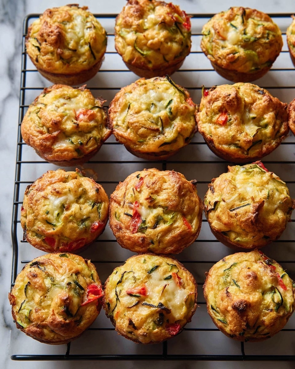 Twelve small round muffins with a golden-brown top and visible bits of green zucchini, red bell pepper, and melted cheese are arranged neatly on a black wire cooling rack, which is set on a white marbled surface. The muffins have a slightly uneven texture, showing soft and crispy edges with some pieces of vegetables and cheese peeking through the surface. photo taken with an iphone --ar 4:5 --v 7