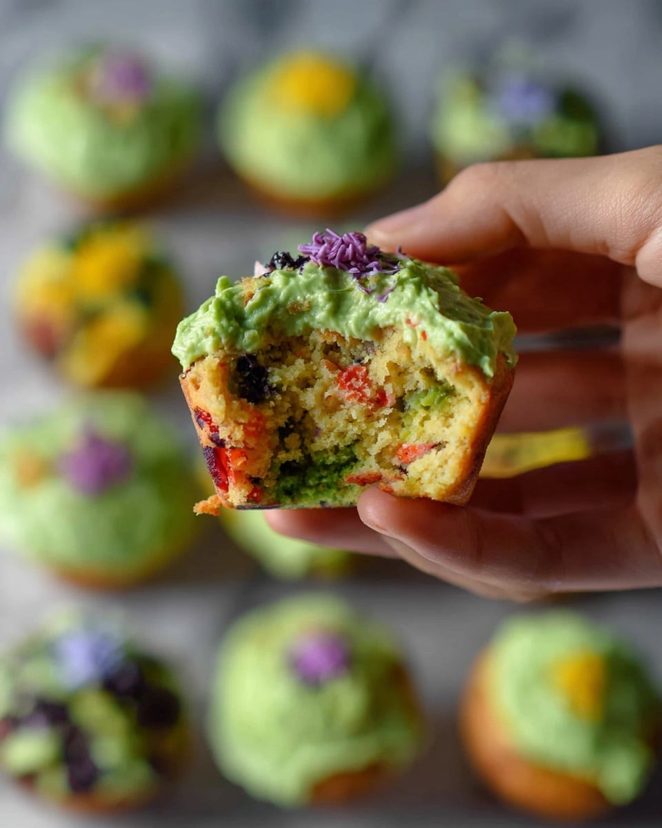 A set of nine mini muffins arranged in three rows on a black wire cooling rack, each muffin has a light brown base with visible bits of darker and yellow ingredients inside, topped with a thick swirl of bright green cream, sprinkled with small red flakes. The rack is placed on a white marbled surface. photo taken with an iphone --ar 4:5 --v 7