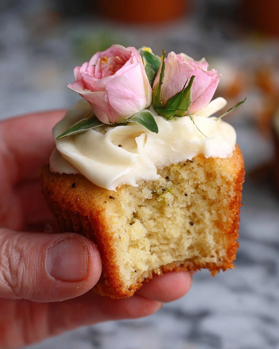 A single cupcake with a golden brown base that has small dark specks throughout, topped with a smooth layer of creamy white frosting. On top of the frosting, there are two soft pink roses with delicate petals and green leaves, along with a few scattered yellow and pink flower petals. The cupcake sits on a black metal grid over a surface with a white marbled texture. photo taken with an iphone --ar 4:5 --v 7
