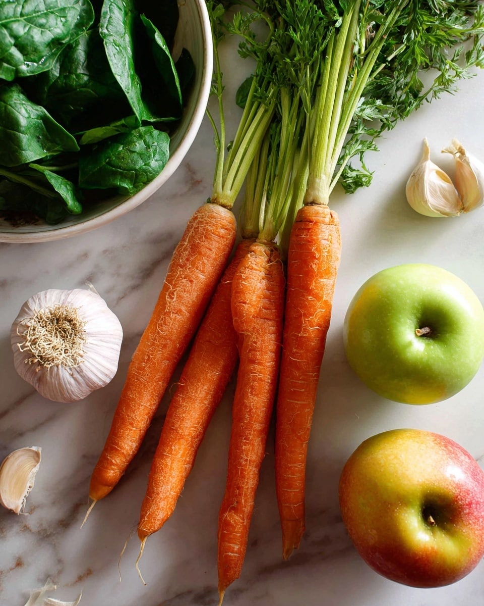 Three fresh carrots with green tops lay side by side in the center on a white marbled surface. Above them on the left, there is a bunch of dark green spinach leaves in a white bowl. Below the carrots, there is a whole garlic bulb with some loose cloves near it. To the bottom right, there are two green apples and one red-yellow apple placed close together on the white marbled surface. The colors are bright and natural, showing a fresh and healthy mix of vegetables and fruits. Photo taken with an iphone --ar 4:5 --v 7