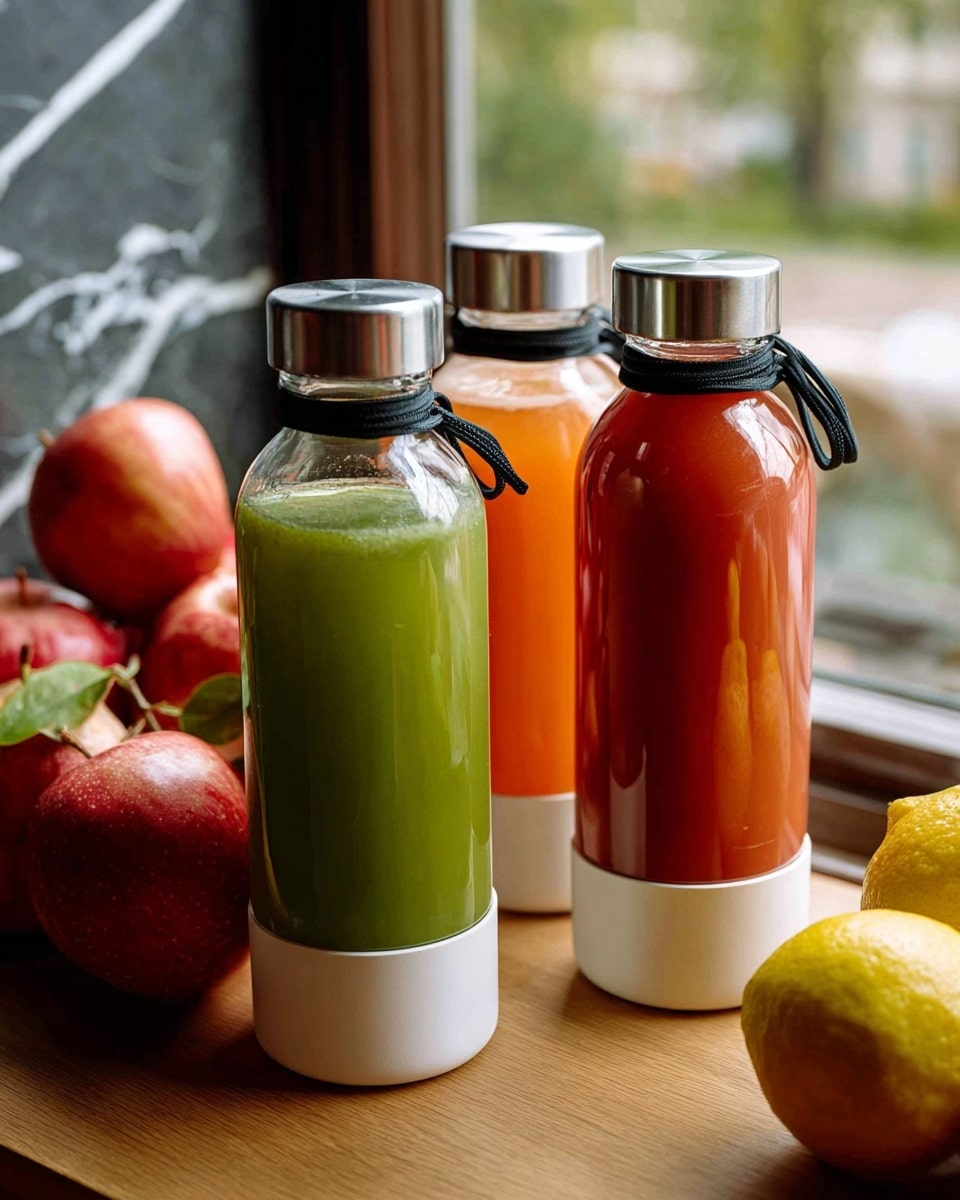 Three clear glasses filled with thick green juice sit on a white marbled surface. Two glasses are upright while one is slightly in front and lower than the others. The juice has a smooth texture and the green color is deep and fresh. In the background, there is a bright yellow lemon on the left, a large green apple in the center, and a bulb of garlic on the right. The glasses rest partly on a rustic wooden slice, adding a natural feel. The lower left corner of the image shows the tops of two small orange carrots with green stems. The photo taken with an iphone --ar 4:5 --v 7