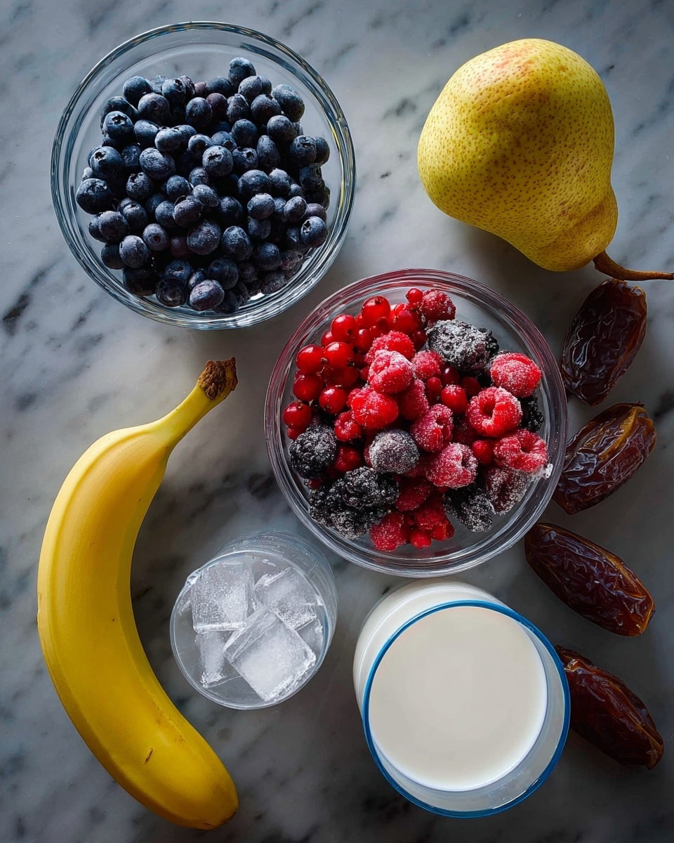 The image shows a collection of fresh fruits and drinks arranged on a white marbled surface. At the top left, a clear glass bowl is filled with dark blue blueberries with a soft frosty texture. To the right of it, there is a light yellow pear with brown spots and a short stem. Below the pear, there is a clear glass bowl filled with a mix of frozen berries including red raspberries, blackberries, and bright red currants, showing a frosty texture. At the bottom left, a curved yellow banana with some brown spots lies diagonally. Near the banana, a small clear glass filled with ice cubes is placed. At the bottom right, there is a glass filled with white milk, with a thin blue rim around the top edge. Scattered around are several dates with a dark brown wrinkled texture. Photo taken with an iphone --ar 4:5 --v 7