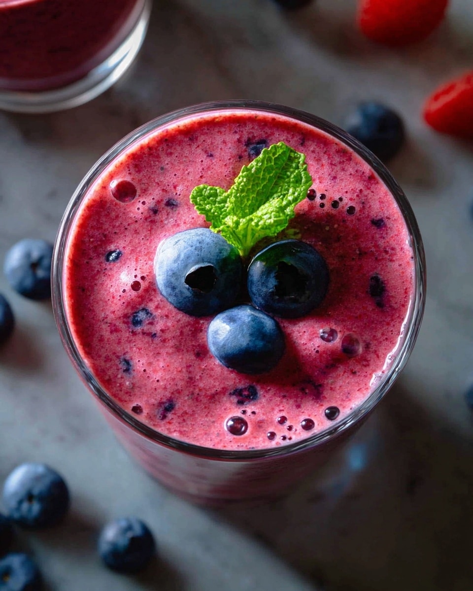 A tall clear glass filled with a thick, purple berry smoothie that has a speckled texture from blended seeds and fruit bits. The smoothie reaches close to the top of the glass and is decorated with three fresh blueberries and a small green mint leaf placed in the center on the surface. The glass stands against a dark background with a small green leaf on the side on a white marbled surface. photo taken with an iphone --ar 4:5 --v 7