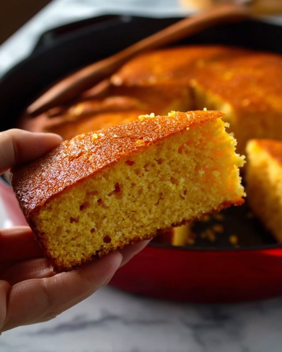 A round, golden brown cornbread with a slightly rough texture is sliced into five thick triangular pieces inside a black cast iron pan with a red outer edge and handle. The cornbread looks soft and moist with a warm orange-yellow inside. The pan sits on a dark wooden surface. Nearby, there is a small white bowl filled with golden honey and a honey dipper resting inside, and a small wooden bowl with pale yellow butter slices. A white cloth is softly folded at the upper right corner. Photo taken with an iphone --ar 4:5 --v 7