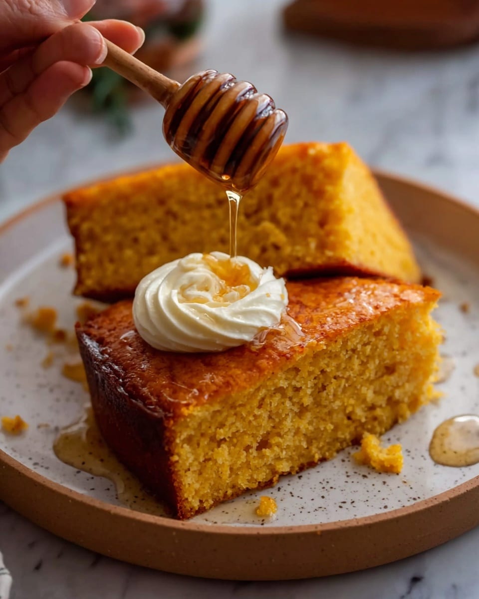 A white speckled plate holds two thick golden brown cornbread slices, with one slice topped by a smooth curl of white butter. A woman's hand is holding a wooden honey dipper dripping shiny, amber honey over the butter. The cornbread has a moist, crumbly texture with a slightly darker crust around the edges. The background shows a soft, blurred setting with a white marbled texture surface beneath the plate. photo taken with an iphone --ar 4:5 --v 7