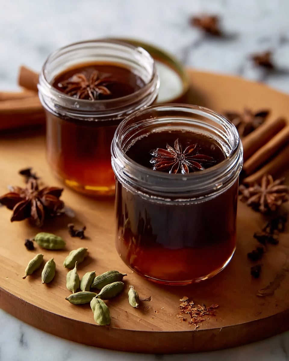 Two clear glass jars filled with dark brown liquid are placed on a round wooden board. Each jar has a star anise floating on top. Around the jars, there are scattered whole cinnamon sticks, star anise, cloves, and green cardamom pods. The background shows a white marbled surface. photo taken with an iphone --ar 4:5 --v 7