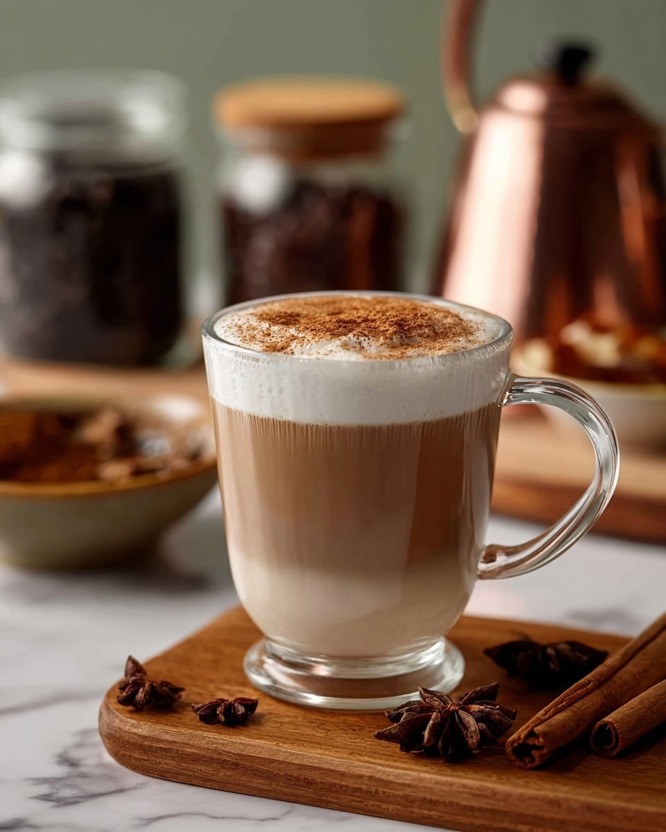 A clear glass mug filled with three visible layers: a light brown coffee layer at the bottom, a thick white frothy cream layer in the middle, and a dusting of cinnamon powder on top. The mug sits on a wooden board with cinnamon sticks and star anise scattered around. In the blurry background, there are glass jars with dark brown contents and a copper teapot, all on a white marbled surface. Photo taken with an iphone --ar 4:5 --v 7