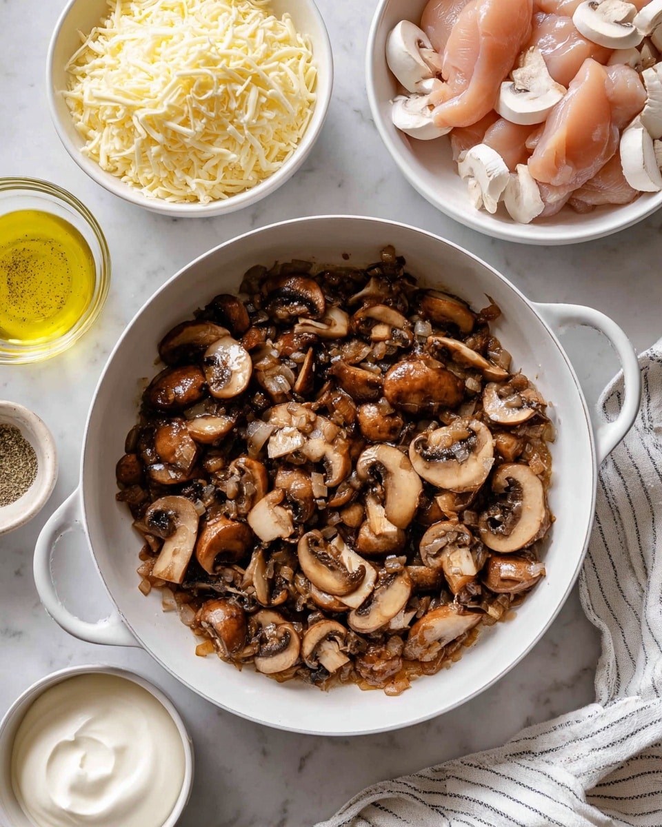 The image shows a white pan filled with several pieces of cooked light golden chicken on the bottom layer, covered generously with creamy white sauce mixed with dark brown sautéed mushroom slices spread evenly around the chicken. The dish is topped with bright green chopped parsley scattered across the surface, adding a fresh color contrast. The surrounding setting includes a white marbled surface with a bowl of white rice on the left and fresh green herbs in a wooden bowl at the top right corner. photo taken with an iphone --ar 4:5 --v 7