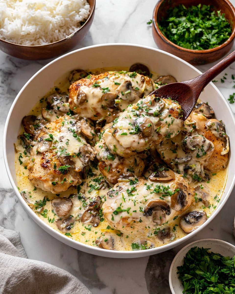 A white bowl filled with a creamy dish showing about five pieces of light brown chicken in a thick white sauce covered with melted cheese. The sauce has small mushrooms and finely chopped green herbs scattered all over. A wooden spoon inside the bowl lifts one piece of chicken covered in the creamy sauce with mushrooms and herbs. Around the bowl, there is a brown bowl with green leaves, a white bowl with white rice, and a small white plate with chopped green herbs, all set on a white marbled surface. photo taken with an iphone --ar 4:5 --v 7