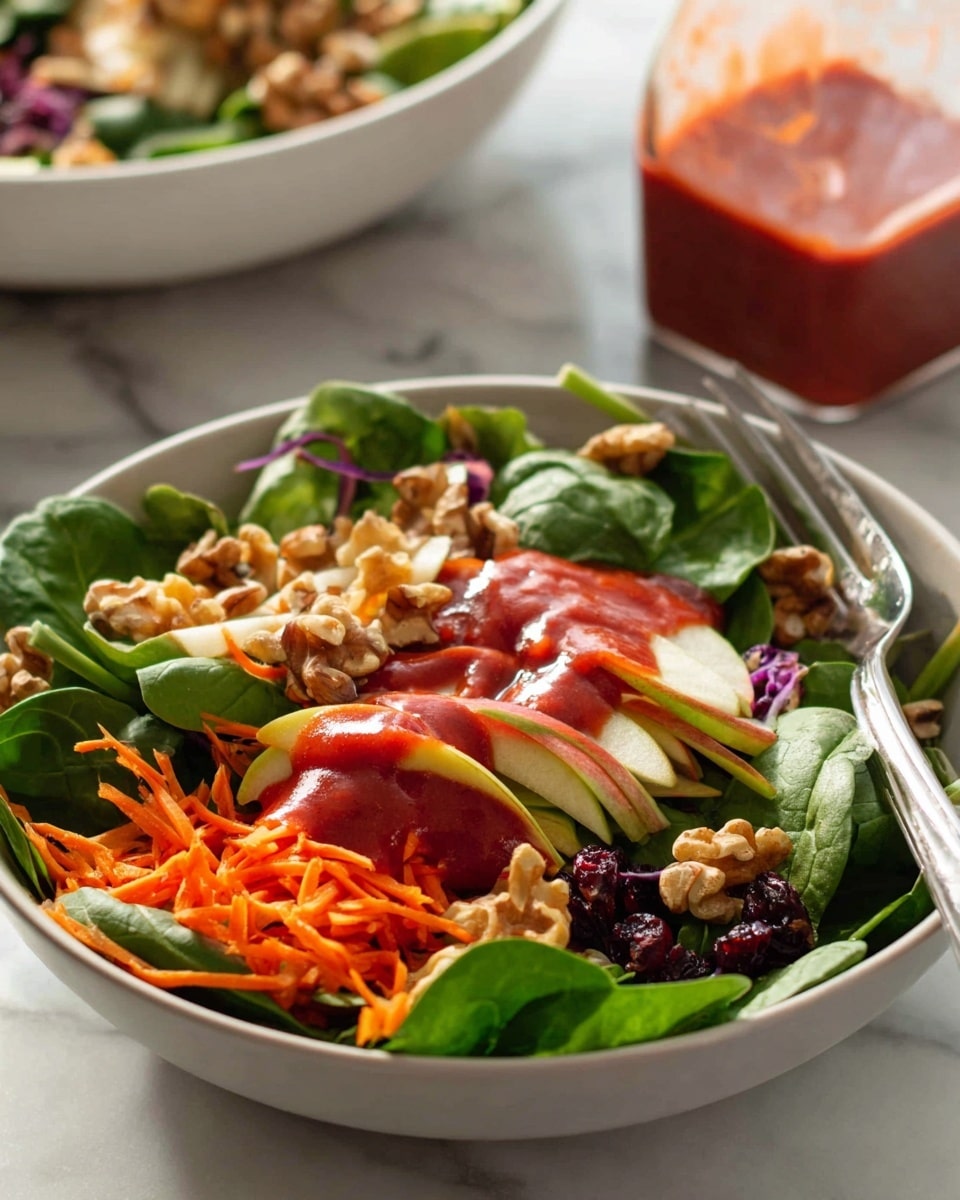 A white bowl filled with a fresh salad showing multiple layers: the base is bright green spinach leaves, mixed with light green lettuce and thin strands of purple cabbage; on top there are orange shredded carrots scattered evenly, followed by pale, thin apple slices placed on different parts; small clusters of walnuts are spread across the salad, along with dark red dried cranberries; a red, slightly thick dressing is drizzled over the entire salad, adding a vibrant touch; next to the bowl on a white marbled surface are a few walnuts and a small glass bottle filled with the same red dressing; a silver fork is partly inside the bowl. Photo taken with an iphone --ar 4:5 --v 7