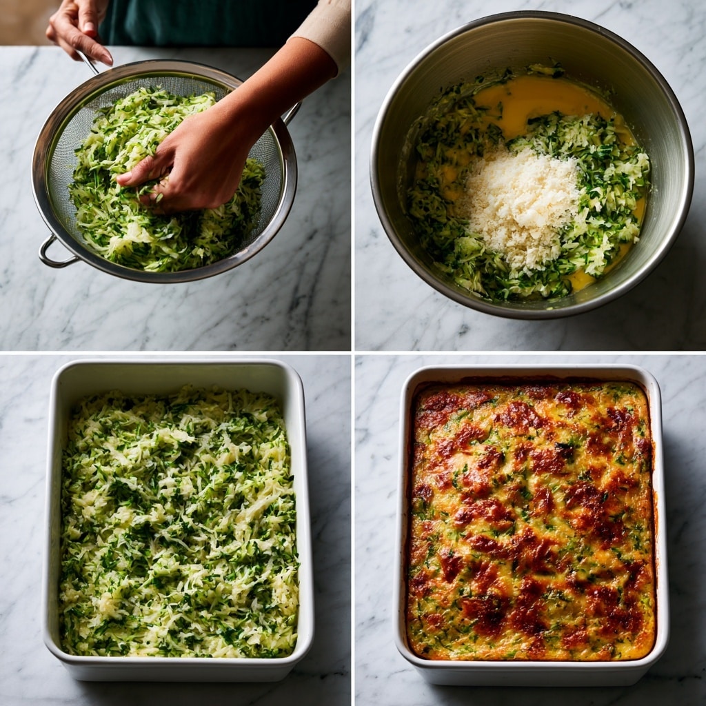 The image shows four steps of making a zucchini dish on a white marbled surface. The first step (top left) shows a woman's hand squeezing shredded green zucchini over a metal strainer. The second step (top right) shows a metal mixing bowl with a mixture of shredded zucchini, grated white cheese, and a yellow liquid, likely eggs. The third step (bottom left) features a white rectangular baking dish filled evenly with a raw mixture of shredded zucchini and cheese. The final step (bottom right) shows the same white rectangular dish with the zucchini mixture baked to a golden brown on top, with green zucchini bits visible and slightly browned edges. photo taken with an iphone --ar 4:5 --v 7