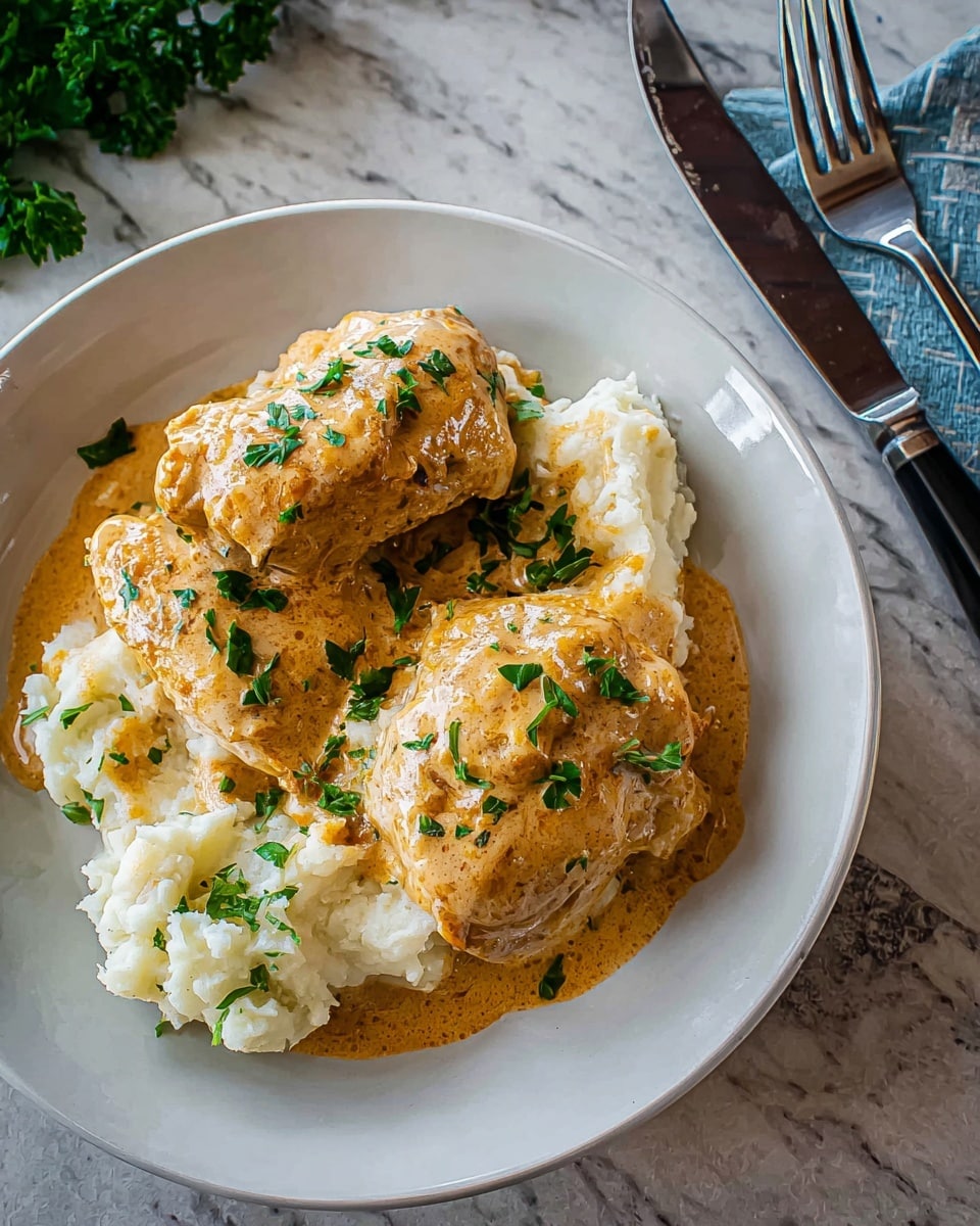 A white plate holds a two-layer dish with mashed potatoes at the bottom, soft and creamy with a slightly rough texture, and two chicken pieces on top covered in smooth, thick orange sauce. The sauce looks creamy and coats the chicken evenly. Small green parsley leaves are scattered on the chicken and mashed potatoes, adding a fresh contrast. The plate sits on a white marbled surface with a blurred blue cloth in the background. photo taken with an iphone --ar 4:5 --v 7