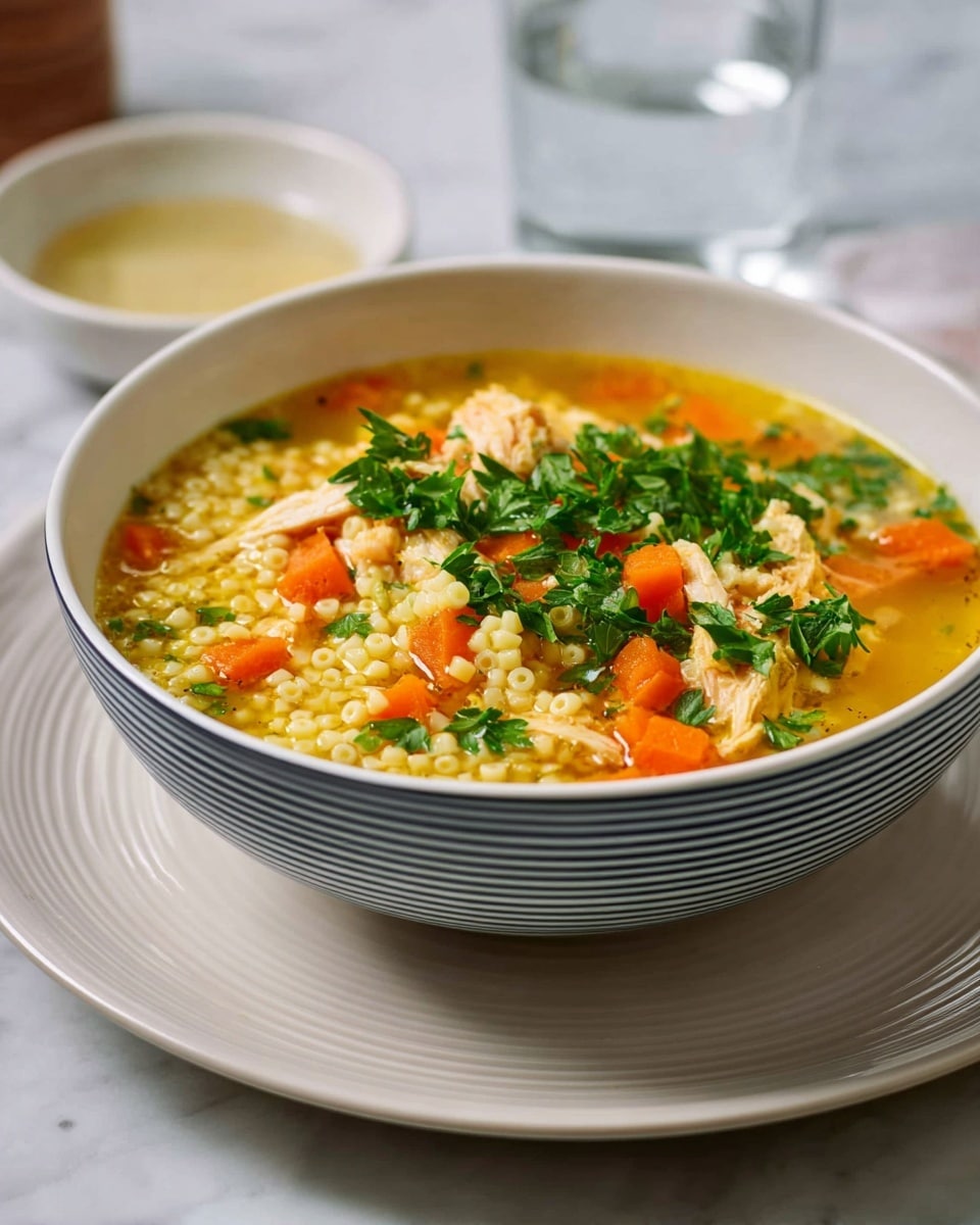 A deep white bowl filled with a clear yellow broth soup containing small round pasta, orange carrot cubes, shredded white chicken pieces, and small green parsley leaves scattered on top. The bowl sits on a white plate with ridges around the edge placed on a white marbled surface. To the upper left of the bowl is a small clear glass bowl of grated cheese, and a clear glass of water is positioned to the upper right of the bowl. A silver spoon rests to the right side of the plate with its tip touching the white marbled surface. A green cloth is visible at the bottom right corner of the image. Photo taken with an iphone --ar 4:5 --v 7