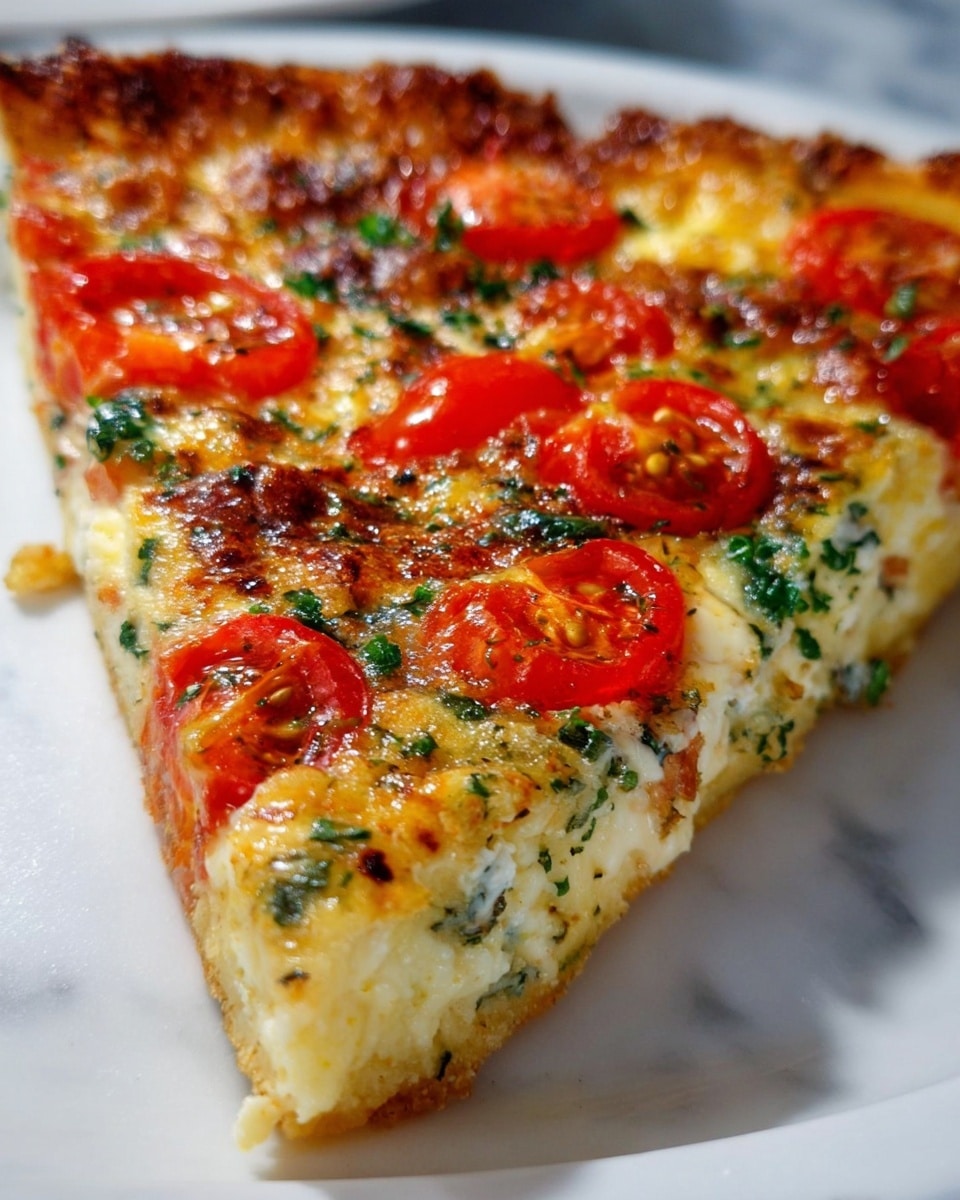 A close-up of a single slice of pizza on a white plate placed on a white marbled surface, showing three layers: the bottom layer is a light golden crispy crust, the middle layer is a mix of melted cheese and bits of green herbs spread evenly, and the top layer has bright red tomato slices with some browned, bubbly melted cheese and herbs creating a textured look. The tomato slices are scattered, each with a shiny, slightly soft texture, while the cheese has a golden brown roasted finish. Photo taken with an iphone --ar 4:5 --v 7