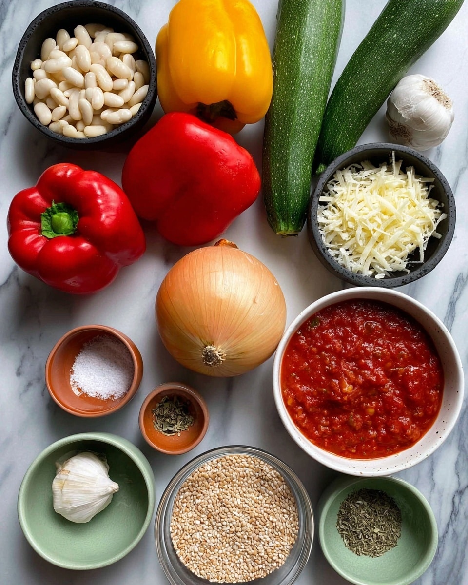 The image shows an arrangement of fresh ingredients on a white marbled surface. There is one large yellow onion placed in the center. Around the onion, there are three whole bell peppers in red and yellow colors, along with two green zucchinis. Several small bowls and plates hold various ingredients: one white bowl with bright red tomato sauce, a black bowl with white beans, a black bowl filled with shredded white cheese, a small red bowl with salt, a beige bowl with black pepper, a light green bowl with dried herbs, and a small terracotta bowl containing grated cheese. In the middle below the onion, there is a whole bulb of garlic. Lastly, at the bottom of the image, a clear glass bowl holds uncooked grains. Photo taken with an iphone --ar 4:5 --v 7