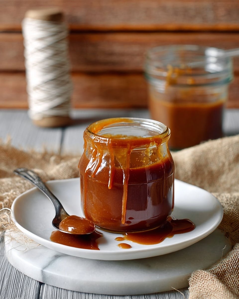 A small glass jar filled with thick brown sauce, with some sauce dripping down the outside of the jar. The jar sits on a white plate on a white marbled surface. There is a spoon resting on the plate, with sauce on it, and some sauce spilled on the plate. In the background, there is a glass container with more brown sauce visible. The setting includes a piece of light burlap fabric partially under the plate and a spool of white string lying beside it. The background is wooden with horizontal grain texture. photo taken with an iphone --ar 4:5 --v 7