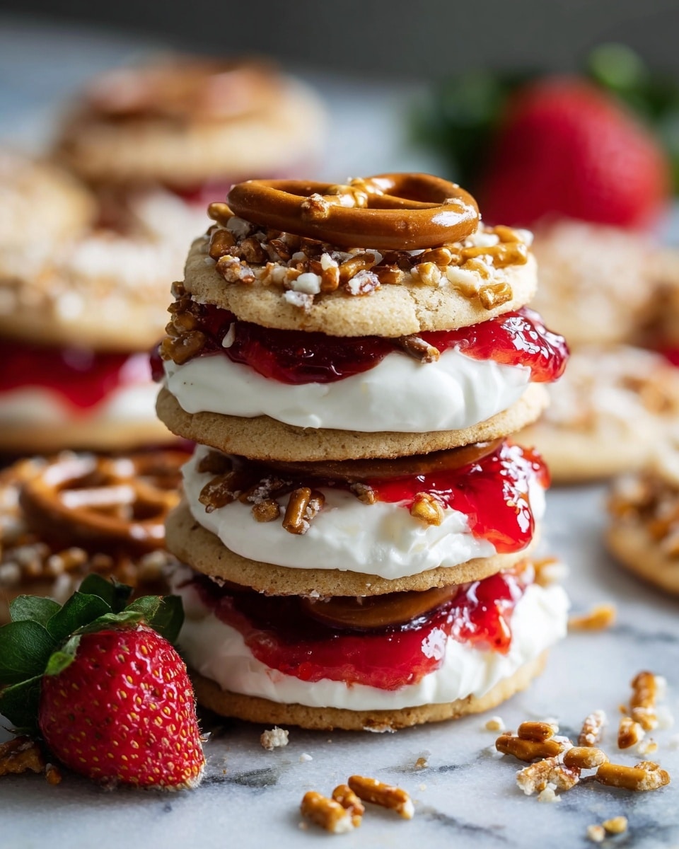 The image shows several round cookies arranged on a white marbled surface. Each cookie has three clear layers: the base is a light tan cookie, topped with a thick spread of white creamy frosting, followed by a dollop of bright red jelly in the center. On top of the jelly sits a small golden-brown pretzel, and crushed pretzel pieces are sprinkled around the edges of the frosting. Scattered whole and broken pretzels and a few whole and halved fresh strawberries surround the cookies. photo taken with an iphone --ar 4:5 --v 7