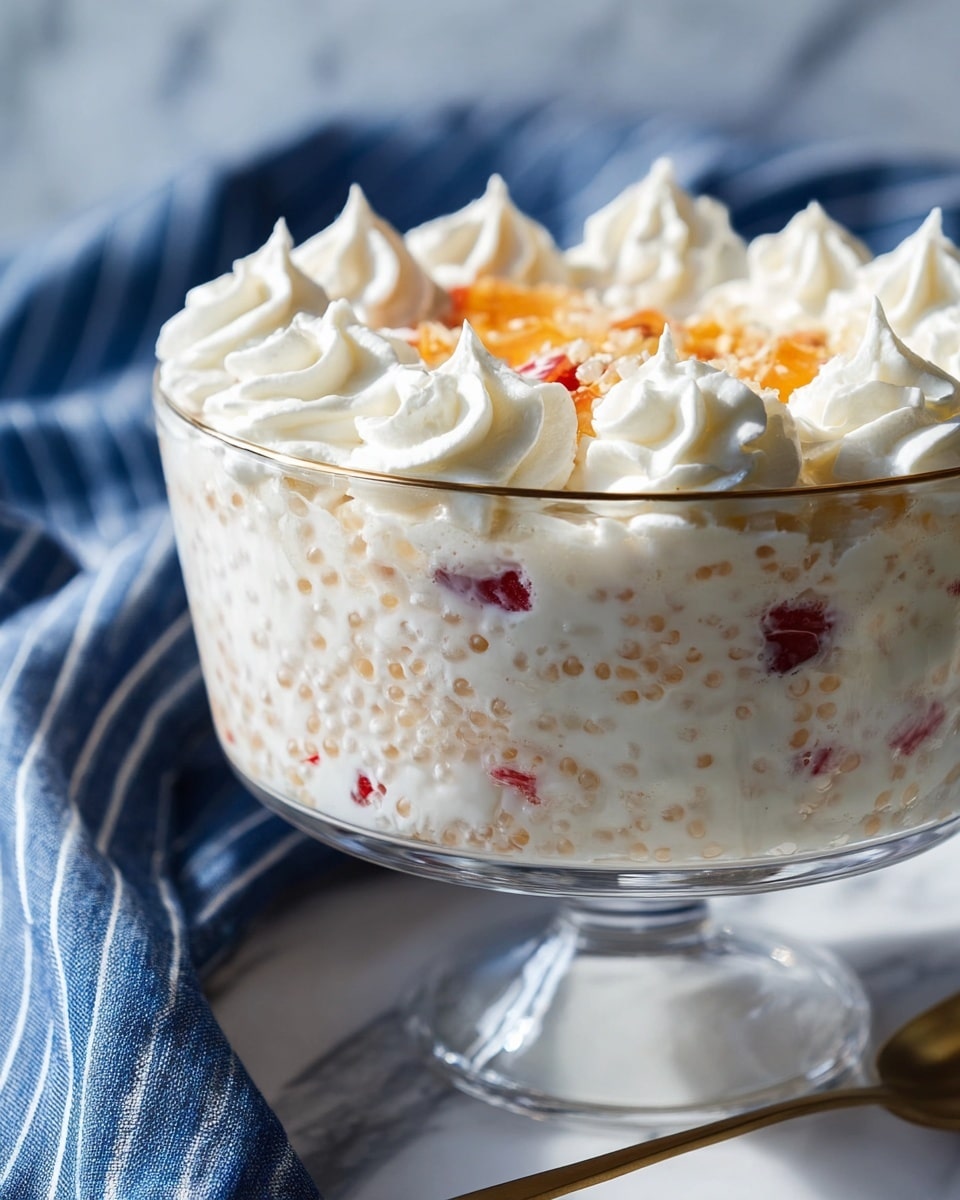 A clear glass filled with three main layers: at the bottom, a creamy mixture with soft yellow rice and small bits of orange and red fruits mixed throughout; in the middle, more creamy rice layer with visible pieces of fruit giving a textured look; the top is crowned with a swirl of pure white whipped cream, soft and fluffy with gentle folds, all sitting on a light wooden surface with a silver spoon to the side and a white marbled texture in the background. photo taken with an iphone --ar 4:5 --v 7