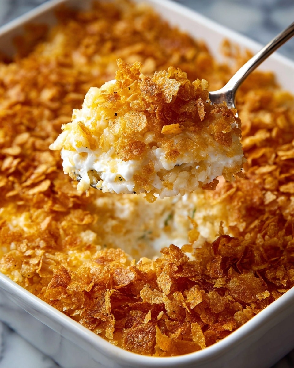 A close-up view of a white dish filled with a baked casserole that has two layers: a bottom layer of soft white rice mixed with a creamy texture, and a top layer of golden crispy cornflakes that cover the surface, adding a crunchy texture. A spoon lifts a scoop of the casserole, showing the contrast between the soft, creamy rice layer below and the crunchy, evenly browned cornflake topping. The dish sits on a white marbled surface. Photo taken with an iphone --ar 4:5 --v 7