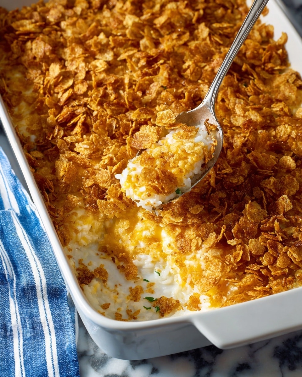 A white rectangular baking dish filled with a layered casserole; the top layer is golden brown and crispy with a rough texture formed by crushed cornflakes or similar crunchy topping, underneath is a melted yellow-orange cheese layer, and below that is a soft, white, creamy rice layer visible where a spoon has scooped out part of the dish. The spoon is resting inside the dish, slightly lifting some of the crispy topping mixed with the creamy rice. The dish is set on a white marbled surface with a blue and white striped cloth on the side. Photo taken with an iphone --ar 4:5 --v 7