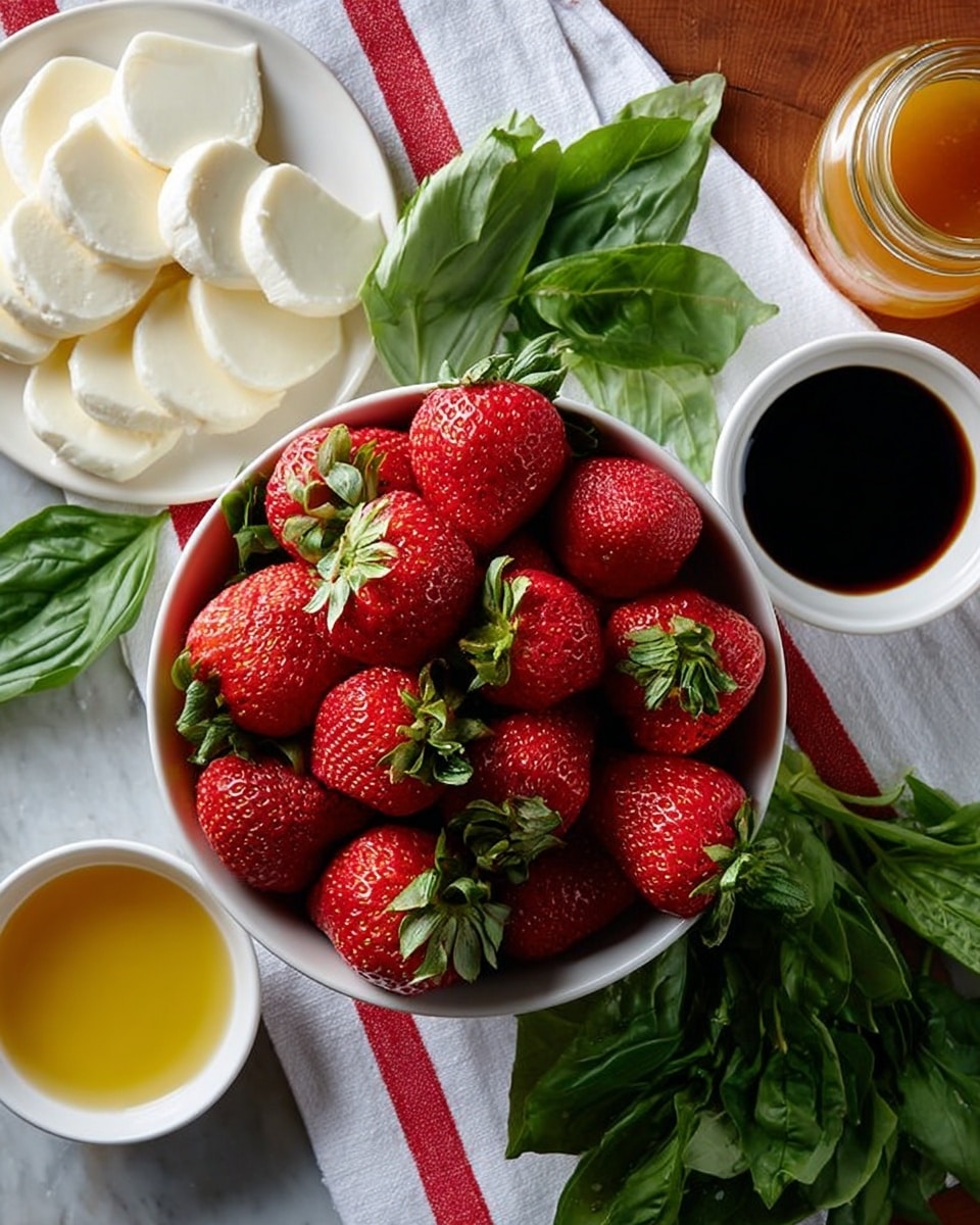 The image shows a white bowl full of fresh red strawberries with green stems on top of a white cloth that has a red stripe. Around the bowl, there are several fresh green basil leaves scattered. To the left, there is a white plate with white cheese slices arranged neatly. To the right, there are two small white bowls, one with golden yellow oil and the other with dark balsamic vinegar, along with a small jar filled with golden honey. All items are placed on a white marbled surface. Photo taken with an iphone --ar 4:5 --v 7