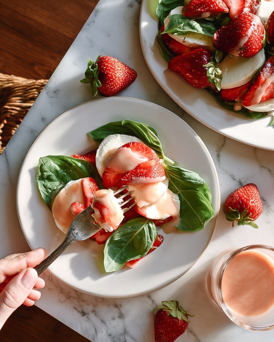 The image shows a white plate on a white marbled surface topped with a circular arrangement of fresh green basil leaves as the bottom layer. On top of the basil leaves, there are slices of white mozzarella cheese, each slice partially covered by a red strawberry quarter that has a light pink creamy sauce drizzled over it. In the center of the plate sits a whole strawberry with its green leaves still attached. Around the plate on the white marbled surface, there are several whole strawberries, a small jar filled with the same pink sauce and a spoon inside it, and a white cloth with red stripes partly visible on the left side. Photo taken with an iphone --ar 4:5 --v 7