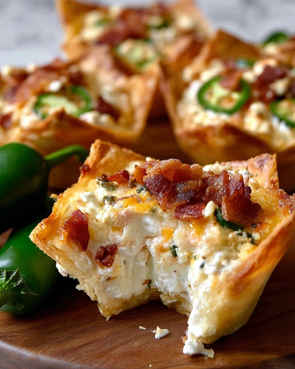 The image shows three crispy golden baked cups made from wonton wrappers, each filled with a mix of creamy white cheese, melted orange cheese, small dark red bacon bits, and green pepper pieces. The cups have a slightly curled, crunchy edge that holds the cheese and toppings, with some cheese melted over the edges. The cups are placed on a white marbled surface that contrasts with the warm colors of the filling. A fresh green pepper corner is visible near the bottom left, adding a fresh color touch. The scene is clear and close up, showing texture details of the crispy wrappers and melted cheese. Photo taken with an iphone --ar 4:5 --v 7