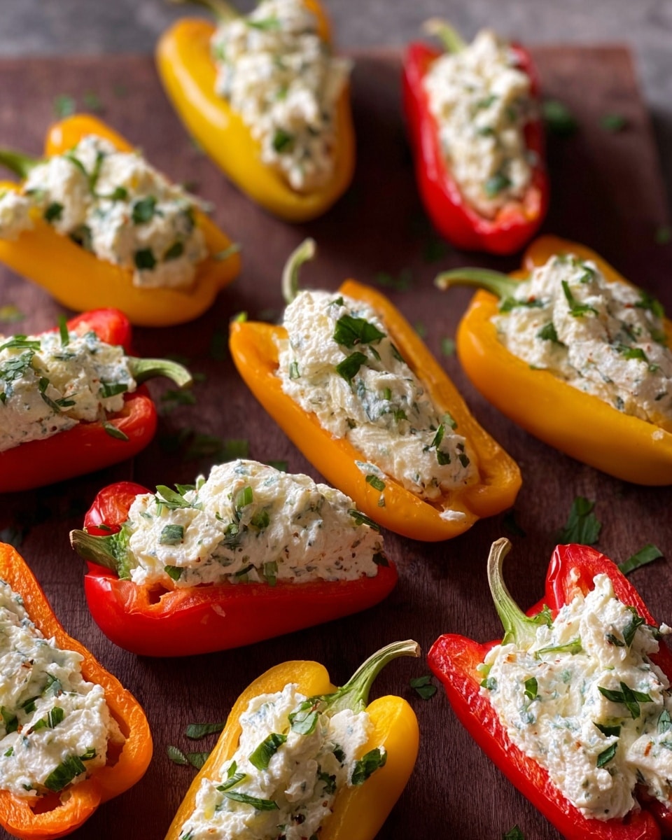 The image shows colorful mini bell peppers halved and filled with a fluffy white cheese mixture that has small green herb pieces sprinkled inside and on top. The peppers are in three colors: bright red, sunny yellow, and orange, spread evenly over a dark brown flat surface. The cheese layer inside each pepper is thick and creamy, nicely filling the pepper shapes with some uneven texture, and there are no extra items around. photo taken with an iphone --ar 4:5 --v 7