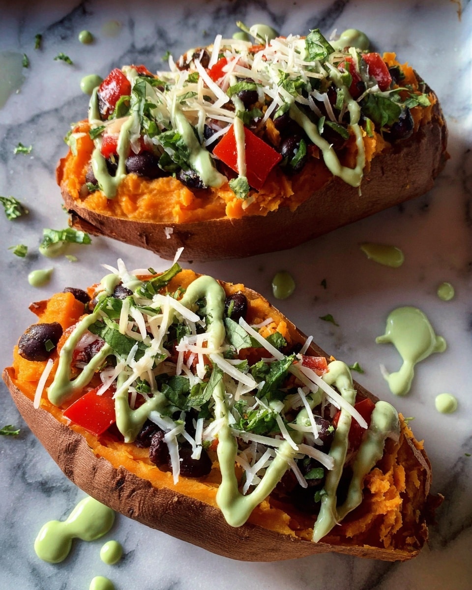 Two cooked sweet potato halves sit on a white marbled surface. Each sweet potato is filled with a layer of mashed bright orange sweet potato flesh, topped with dark black beans and small pieces of red bell pepper. A sprinkle of shredded white cheese covers the beans and peppers. On top, a light green creamy sauce is drizzled in thin lines across both potatoes. Some extra cheese shreds and green sauce drops are scattered around the potatoes on the surface. photo taken with an iphone --ar 4:5 --v 7