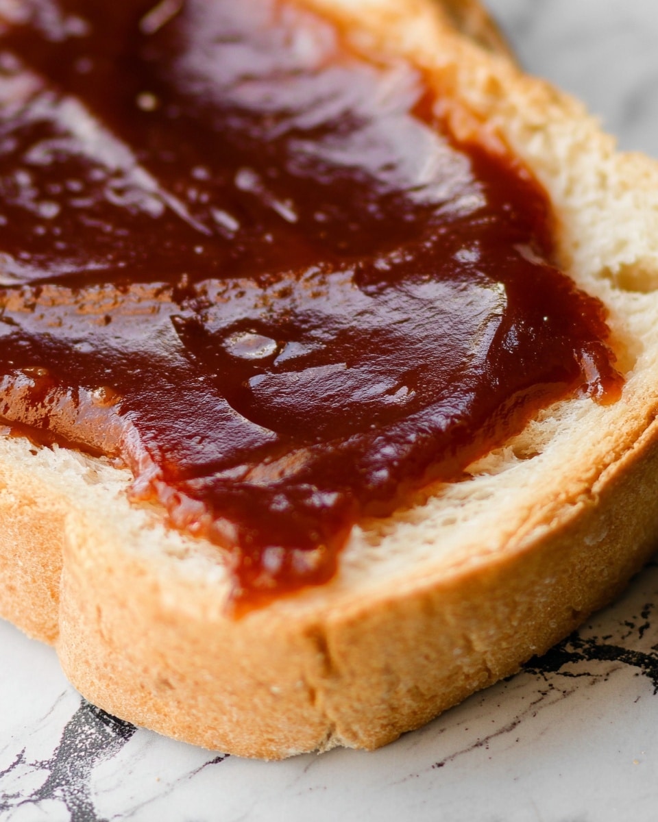 The image shows a close-up of a slice of bread topped with a smooth, shiny, dark reddish-brown sauce layer that covers the entire visible surface of the bread slice. The bread appears soft and fluffy, with a light golden crust around the edges. The texture of the sauce is glossy with subtle cracks and subtle unevenness, indicating a spread layer just thick enough to coat the bread fully without dripping. The background features a white marbled texture with some dark areas faintly visible around the edges. photo taken with an iphone --ar 4:5 --v 7
