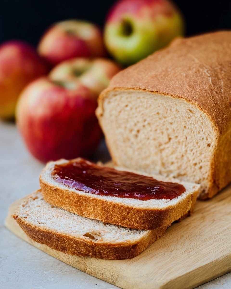 A close-up image shows two thick slices of light brown bread, one with a smooth dark red jam spread on it, resting on a light wooden board with a natural grain pattern. The loaf of bread, golden brown on the outside with a soft, slightly porous inside, lies next to the slices. In the blurred background, several mixed red and green apples add a splash of color. The scene is set on a white marbled surface with soft natural lighting highlighting the textures of the bread and jam. Photo taken with an iphone --ar 4:5 --v 7
