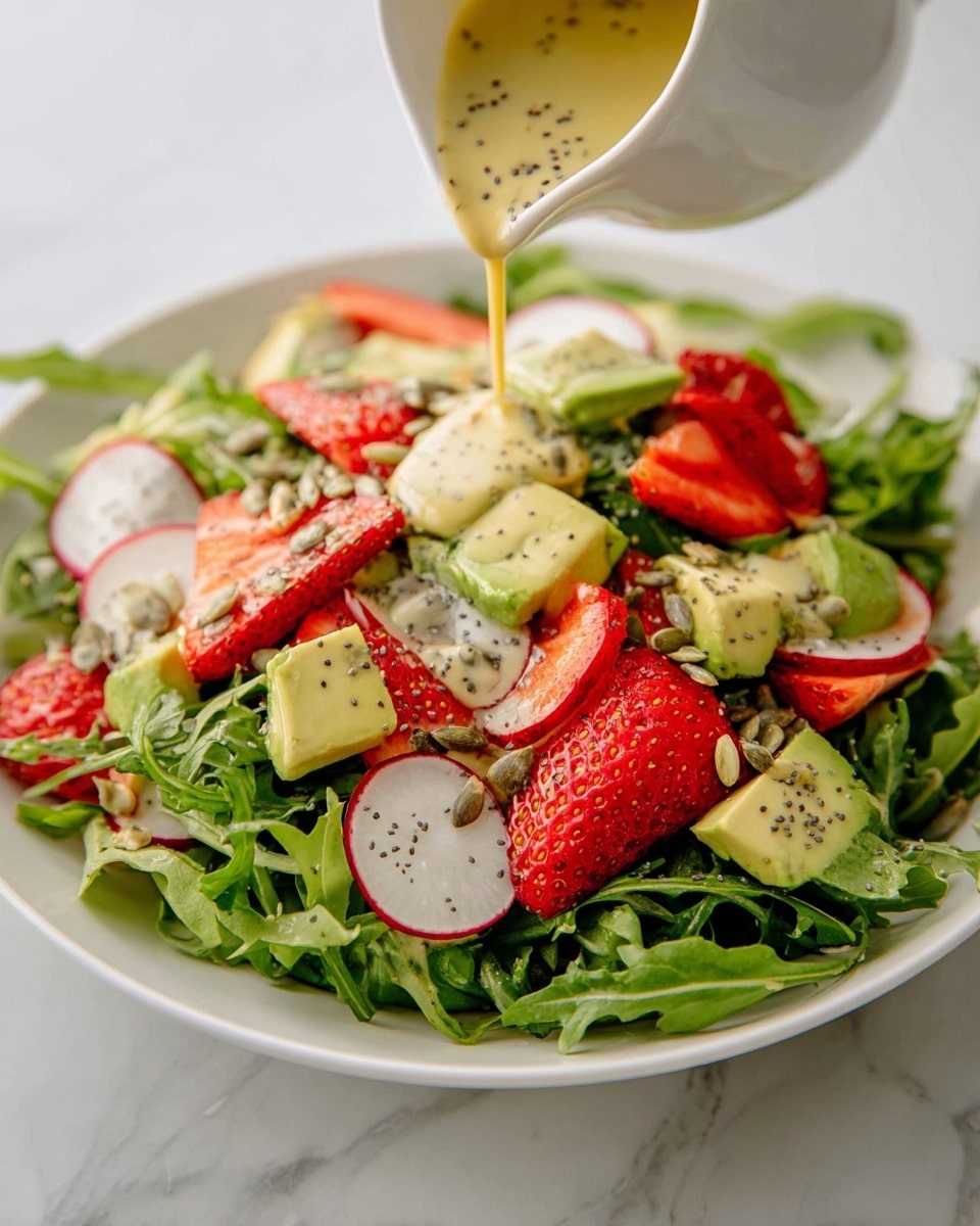 A clear glass jar filled with a smooth, light yellow creamy sauce speckled with small black seeds, sitting in the center of a warm brown wooden tray. An ornate silver spoon is resting inside the jar, with its handle leaning out. Around the jar, there are bright red radishes with green leaves and fresh arugula scattered on the tray. Two ripe red strawberries with green tops are also placed near the jar. To the right side, a white fluted bowl contains black poppy seeds. The whole scene is set on a white marbled surface. photo taken with an iphone --ar 4:5 --v 7