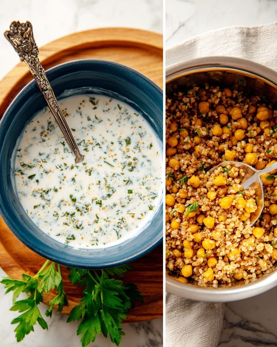 The first image shows a dark blue bowl with white sauce mixed with small green herbs inside, and a decorative silver spoon resting in it, placed on a wooden board with a few green parsley leaves beside it on a white marbled surface. The second image displays a silver pot filled with a mix of light brown cooked grains and large yellow chickpeas, with a silver spoon sitting inside the pot, all on a white marbled surface photo taken with an iphone --ar 4:5 --v 7