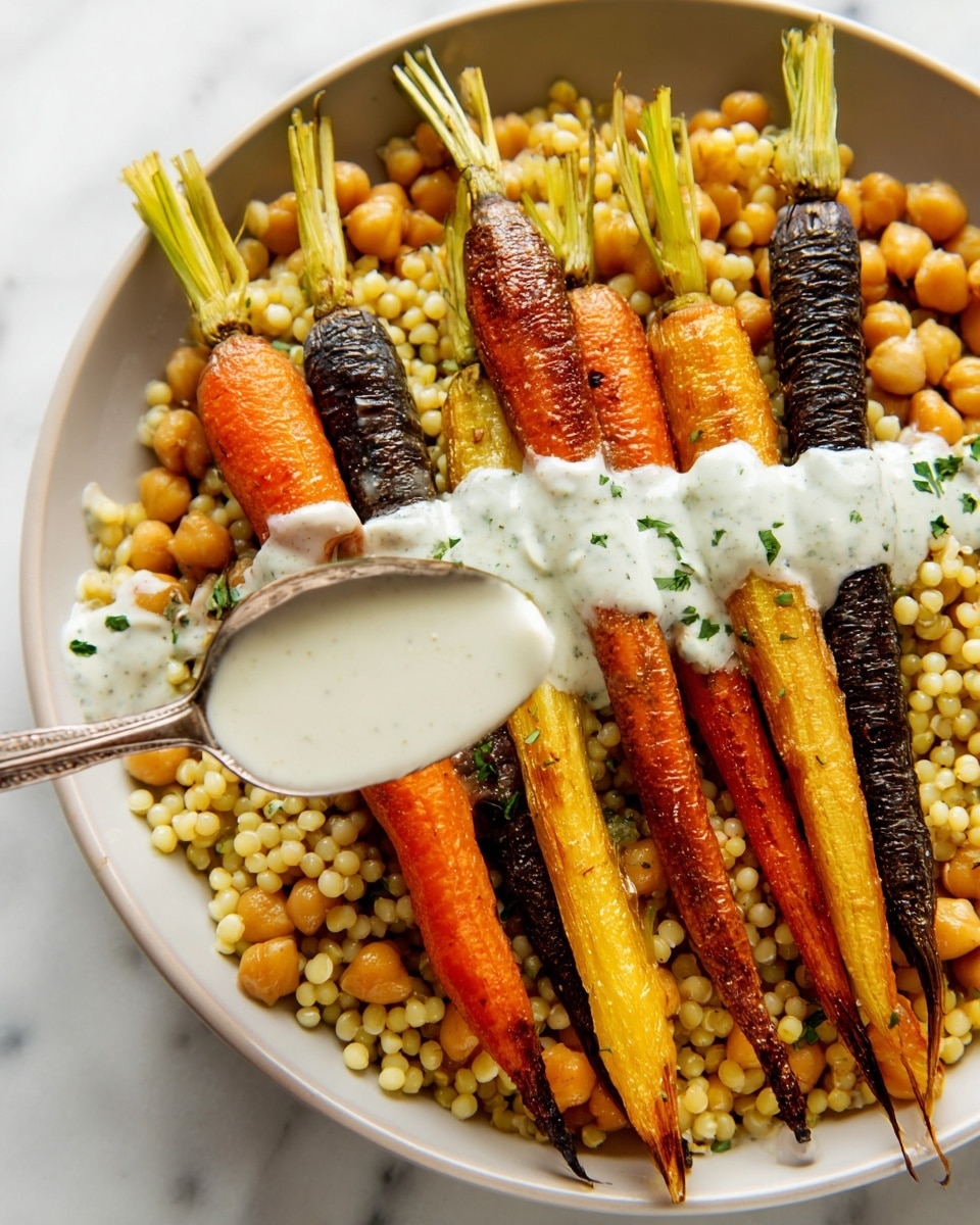 A white plate holds a base layer of light brown grains mixed with pale beige chickpeas, topped with seven small roasted carrots in two colors: orange, purple, and pale yellow, with green tops still attached. The carrots are laid horizontally across the grain layer in a neat line. A light drizzle of creamy white sauce runs diagonally over the carrots and grains, sprinkled with dark green pumpkin seeds and bright green chopped parsley. The setting is on a white marbled surface with a white cloth napkin edged with blue stripes near the plate. photo taken with an iphone --ar 4:5 --v 7