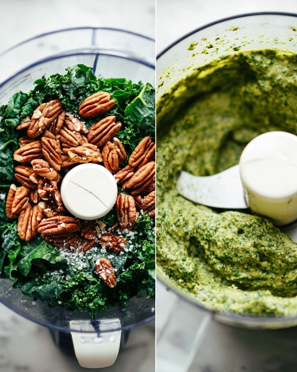 The image shows two close-up shots of a food processor. On the left side, inside the clear bowl, there are dark green kale leaves at the bottom, topped with a pile of brown pecan nuts scattered unevenly, with small white granules of salt sprinkled on top. On the right side, the same food processor bowl holds a thick, textured green mixture that looks freshly blended, with visible small bits of herbs and nuts, and a white plastic blade in the center. Both shots rest on a white marbled surface. Photo taken with an iphone --ar 4:5 --v 7