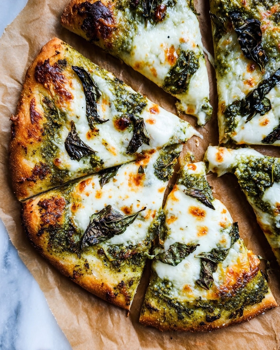 A close-up view of a round pizza cut into eight triangular slices, lying on a light brown baking paper over a white marbled surface. The pizza crust is thin and golden brown with some parts darker and slightly crispy. The first layer is a green pesto sauce spread evenly over the crust. On top, melted white mozzarella cheese covers the pizza with small browned spots indicating it is cooked well. Dark green spinach leaves are scattered across the cheese, adding texture and color contrast. The edges of the pizza show melted cheese bubbling over slightly onto the crust. photo taken with an iphone --ar 4:5 --v 7