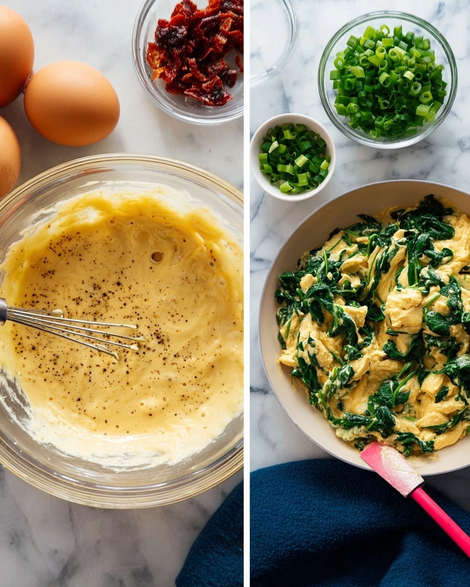 The left side shows a clear glass bowl with a smooth, light yellow egg mixture speckled with black pepper, being whisked by a metal whisk; around the bowl, there are two whole brown eggs, a white bowl of fresh green spinach leaves, a small clear bowl of chopped red sun-dried tomatoes, and a smaller white bowl of chopped green onions, all placed on a white marbled surface. The right side shows creamy, soft scrambled eggs mixed thoroughly with bright green spinach in a light-colored pan, with a pink spatula partially visible, resting on a white marbled surface with a dark blue cloth underneath. photo taken with an iphone --ar 4:5 --v 7