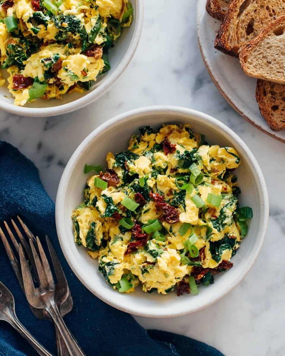 The image shows two white bowls filled with scrambled eggs mixed with green leafy vegetables, chopped green onions, and small pieces of sun-dried tomatoes, creating layers of yellow, bright green, and dark red colors with a soft, fluffy texture. The bowls sit on a white marbled surface, with a dark blue cloth and two forks placed near the bottom left. In the top right corner, a white plate holds two pieces of toasted brown bread. photo taken with an iphone --ar 4:5 --v 7