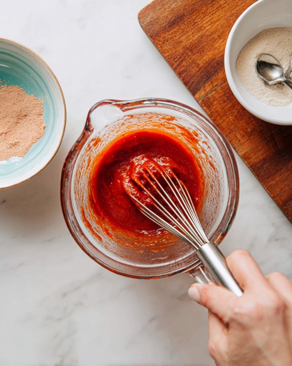 A clear glass measuring cup holds a thick, bright red sauce or paste being mixed with a silver whisk that has some sauce clinging to its wires. The measuring cup is held by a woman's hand from below, steadying it. To the left is a small white bowl with a pale blue inside and some light brown powder dusted inside it, while the top right corner shows a round white bowl with a light beige powder and a small silver spoon inside, sitting on a medium brown wooden board. The whole scene is set on a white marbled surface. photo taken with an iphone --ar 4:5 --v 7