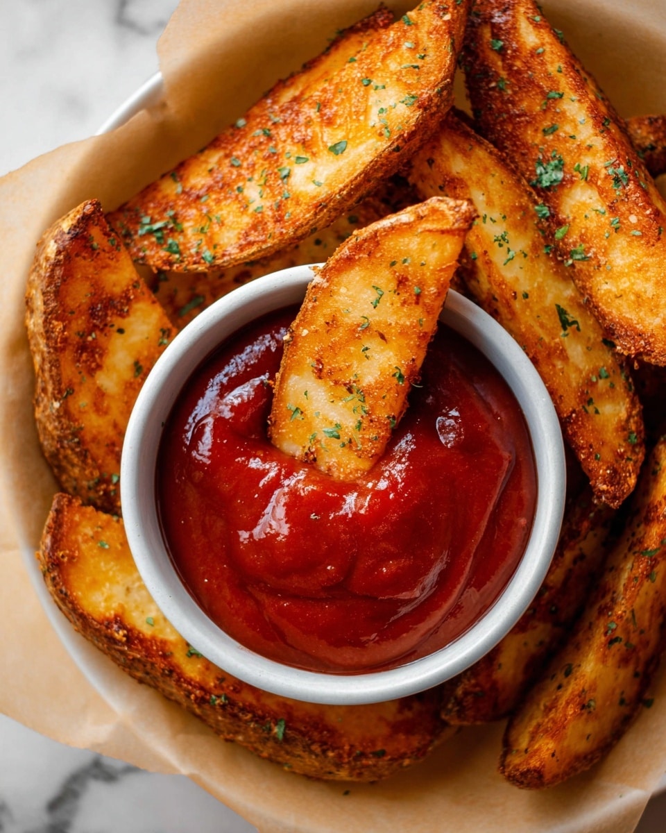 The image shows thick potato wedges, golden brown with a crispy texture, lightly sprinkled with chopped green herbs, arranged around a round white bowl filled with a smooth, rich red ketchup-like sauce. One wedge is dipped halfway into the sauce, showing a contrast between the crispy edge and the glossy, thick sauce. The setup is placed on a white marbled surface. photo taken with an iphone --ar 4:5 --v 7